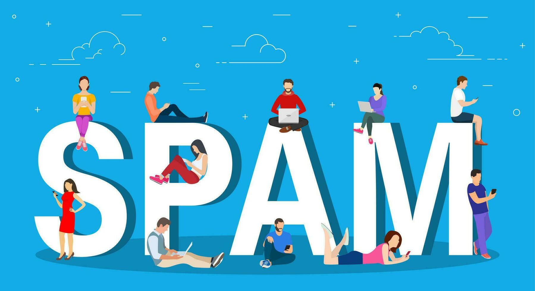 Spam cocnept. men and women using laptop, tablets near letters SPAM. Receiving spam, unsolicited emails, inappropriate messages. Vector illustration in flat style