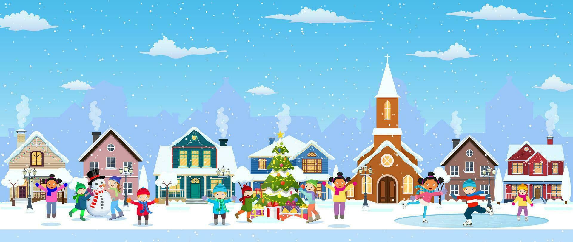 happy new year and merry Christmas winter old town street. christmas town city panorama. Santa Claus with deers in sky above the city. Vector illustration in flat style