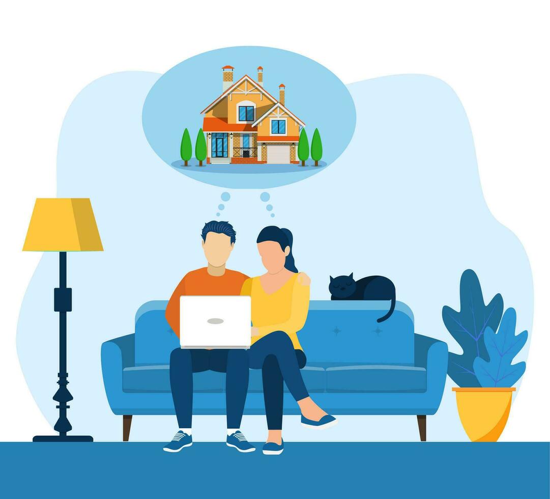 joven hombre y mujer utilizando un ordenador portátil mientras sentado en un sofá. dibujos animados Pareja soñando de hogar. vector ilustración en plano estilo