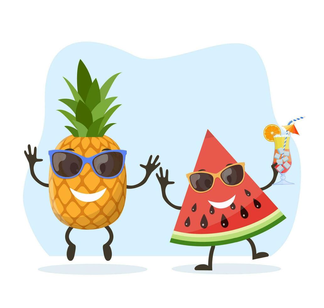 Funny watermelon and pineapple character with human face and cocktail glass having fun at party. Colorful summer design. Vector illustration in flat style