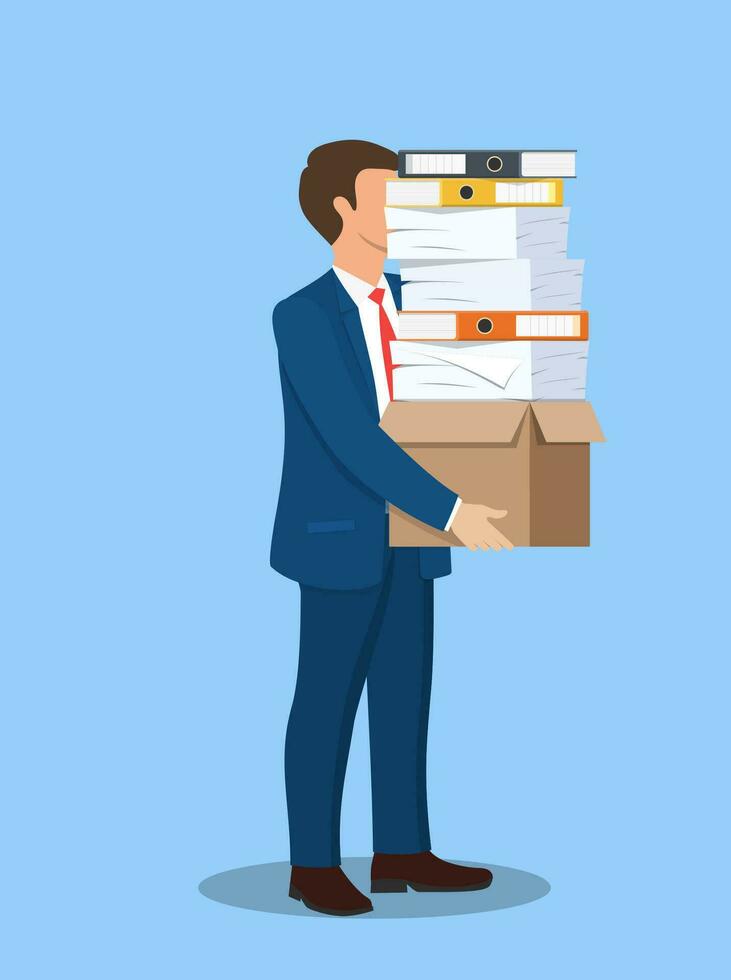 Stressed businessman holds pile of office folders and documents. Overworked business man with stacks of papers. Vector illustration in flat style