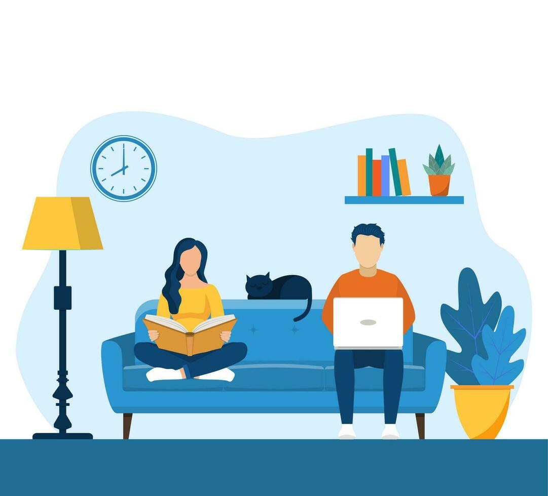 man with laptop and woman with book sitting on the sofa. Freelance or studying concept. web page design template for online education, learning, video tutorials. Vector illustration in flat style