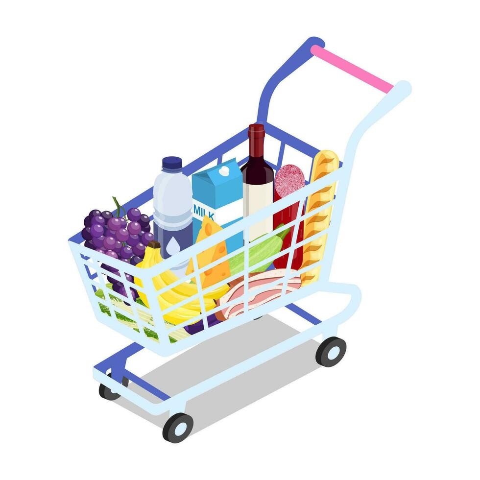 isométrica compras carro lleno de comestibles. supermercado o local almacenar. comida compras en línea a hogar. mi comercio. vector ilustración en plano estilo