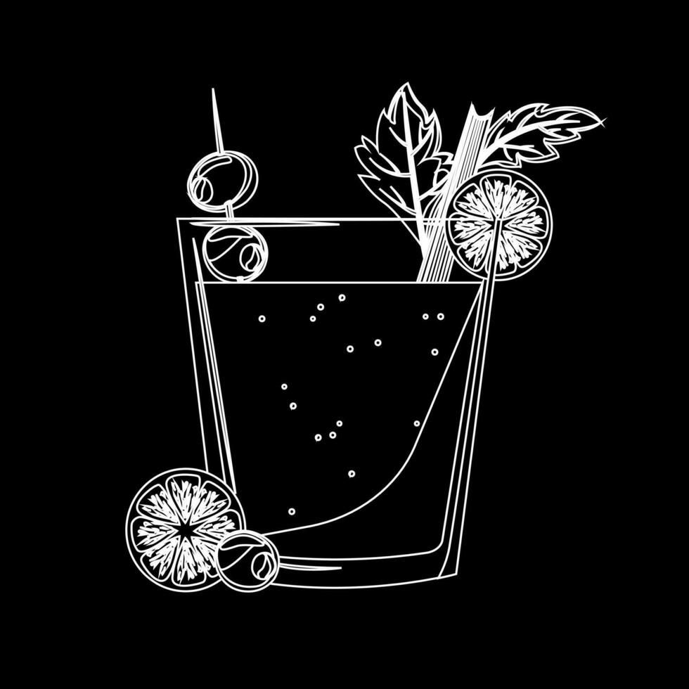 Bloody Mary cocktail drawing with chalk on chalk board backgroundon. Glass of bloody mary cocktail with celery, olives and lime. For menu, cocktail cards.Vector illustration vector