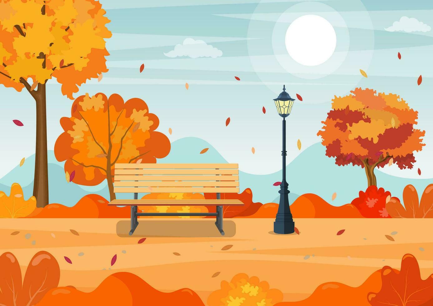 beautiful autumn city park with bench. Beautiful urban fall park for banner, poster, web. Vector illustration in flat style.