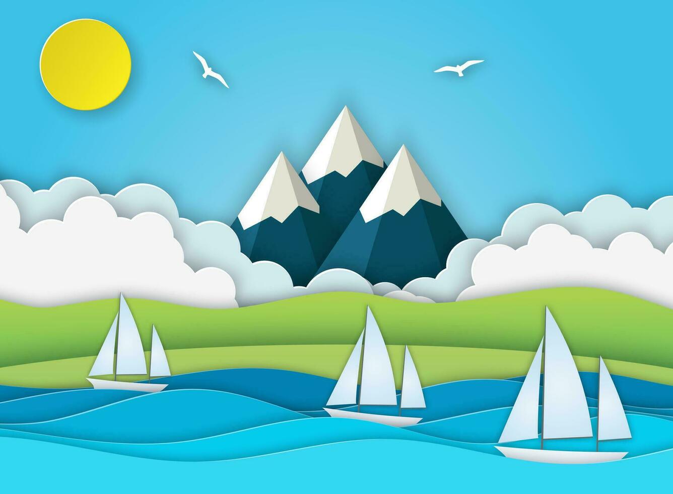 Sea landscape with island, waves, clouds. Sailboat in the sea. Paper cut out digital craft style. abstract blue sea and beach summer background with paper waves and seacoast. Vector illustration