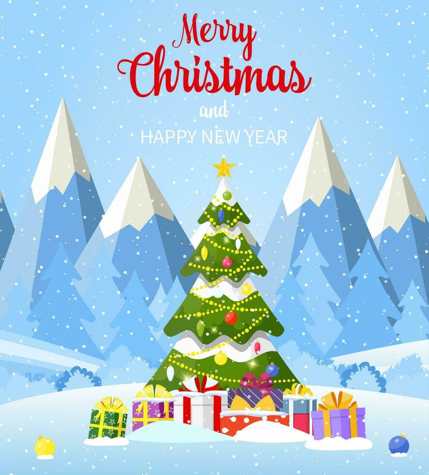 Christmas card. Christmas landscape background withwith christmas tree with gifbox. Merry christmas holiday. New year and xmas celebration. Vector illustration in flat style