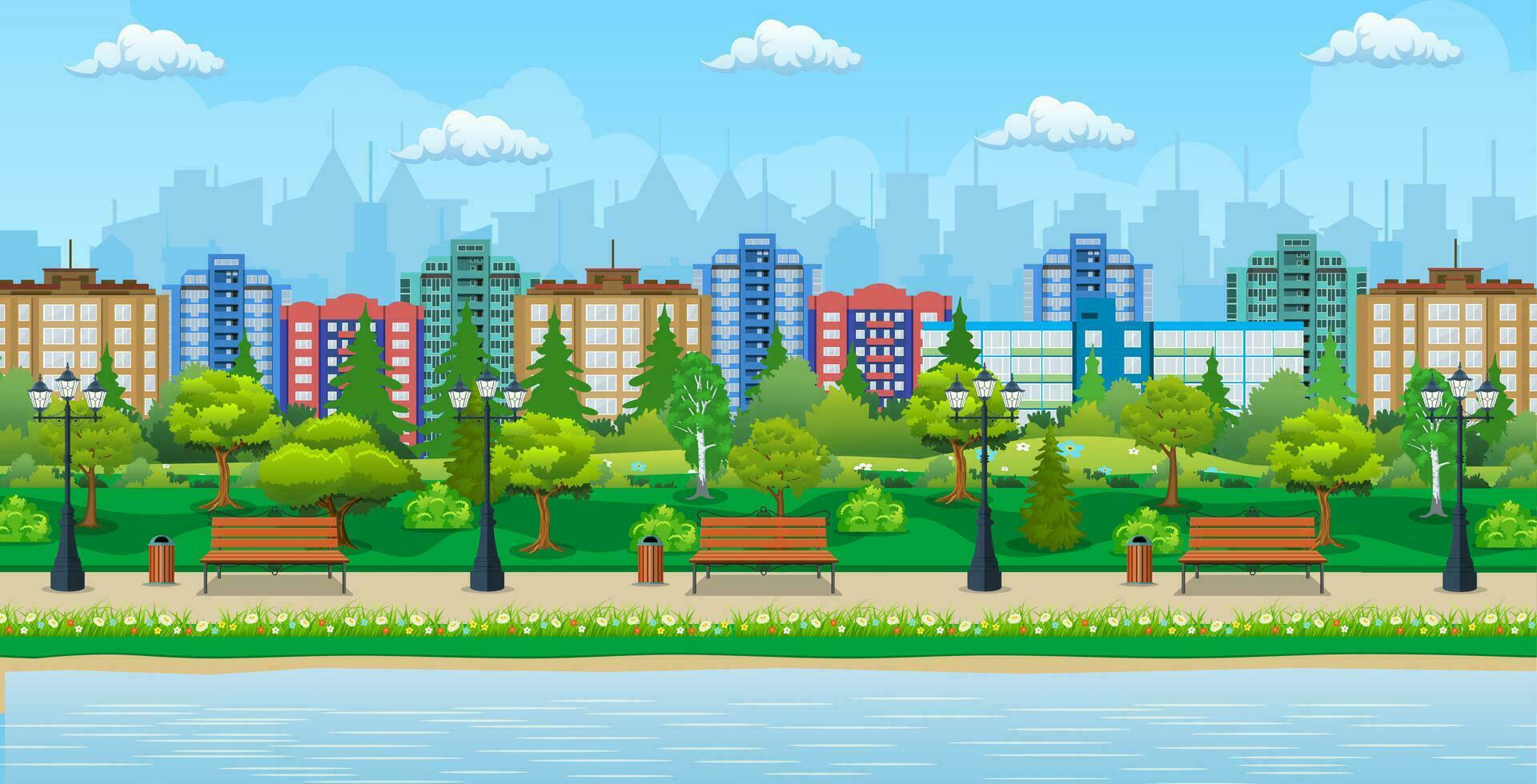 City park and pond, wooden bench, street lamp, waste bin in square. Cityscape with buildings and trees. Sky with clouds and sun. Leisure time in summer city park. Vector illustration in flat style