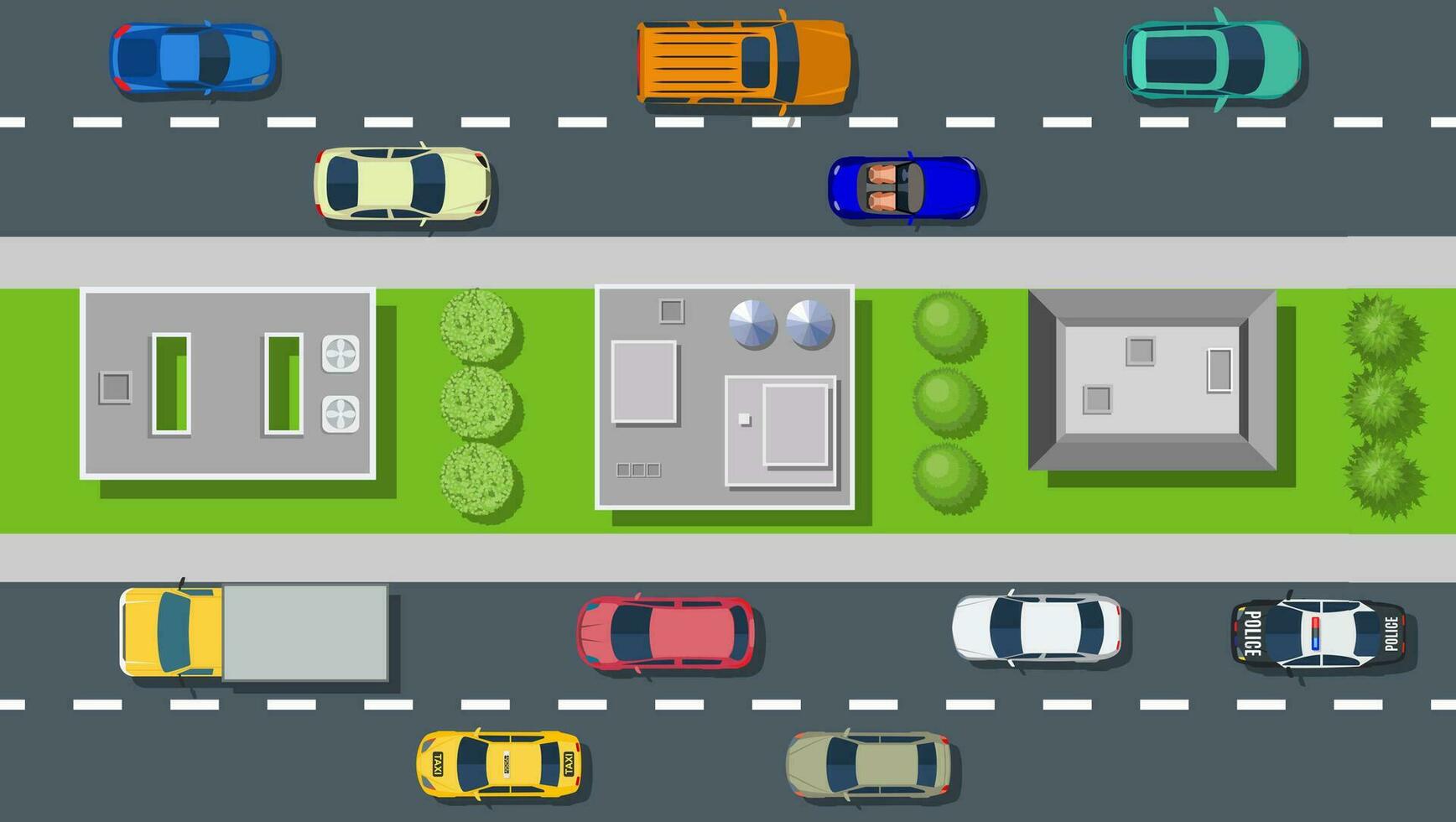 Top view from city street with asphalt and transport. Urban landscape of the big place. Vector illustration in flat style