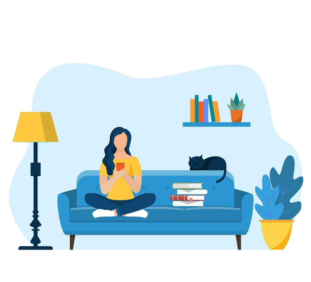 Young girls using phone, sitting legs crossed on chair at home. woman running remotely on freelance, job on smartphone, communicates through social networks. Vector illustration in flat style
