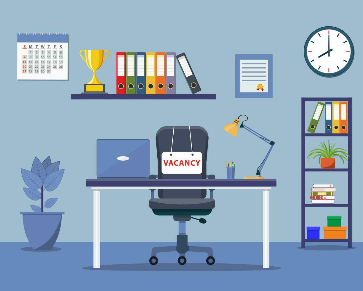 Office workplace with vacancy sign. Empty seat, chair in room for employee. Business hiring, recruitment concept. Vector illustration in flat style