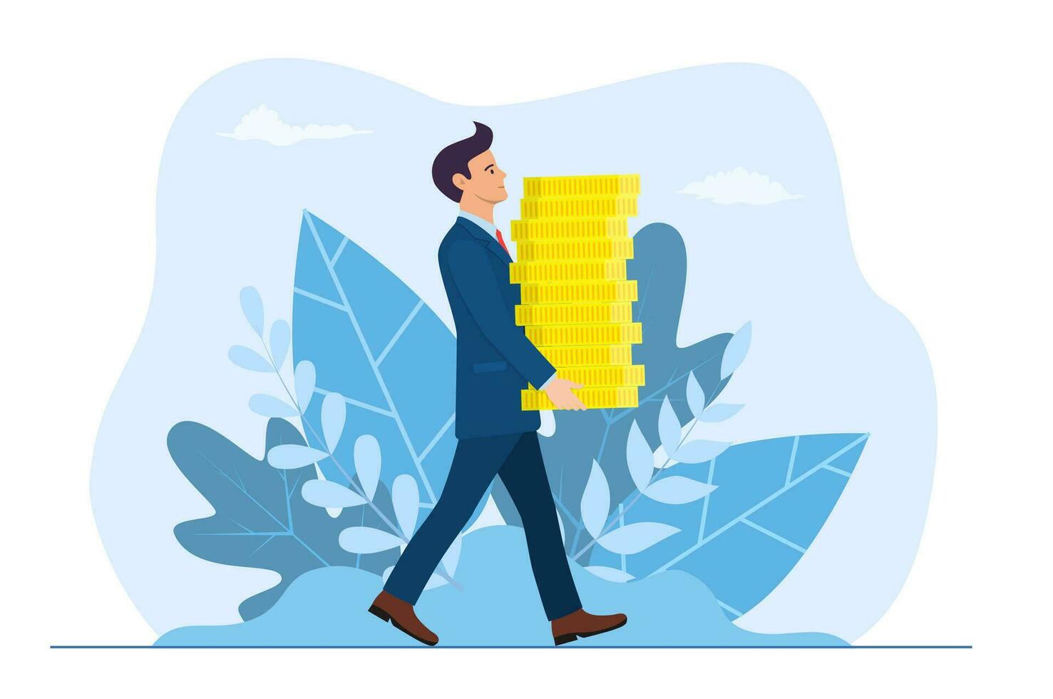 Happy businessman or manager carries big stack of gold coins money. Success in business or Wealth, banking, fortune, investment, achievement, graft concept. Vector illustration in flat style