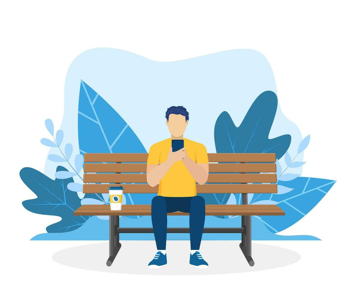 man using phone sitting on the bench in nature with crossed legs. Freelance or studying concept. web page design template for online education, training. Vector illustration in flat style