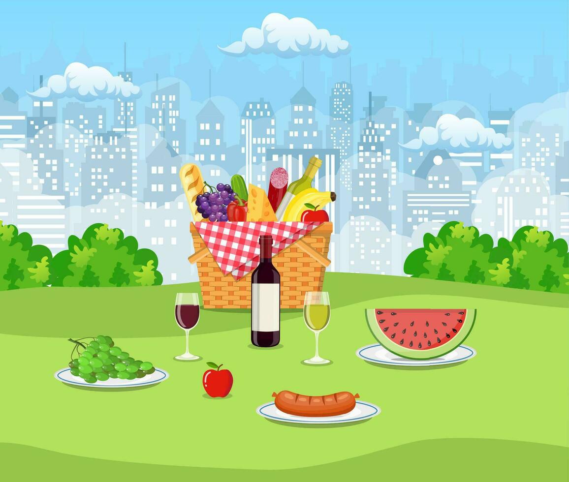 Summer picnic concept with basket full of products. Vector illustration in flat style