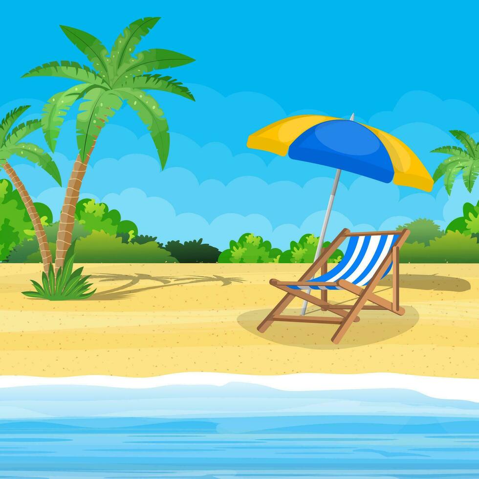 Landscape of wooden chaise lounge, palm tree on beach. Umbrella. Day in tropical place. Vector illustration in flat style