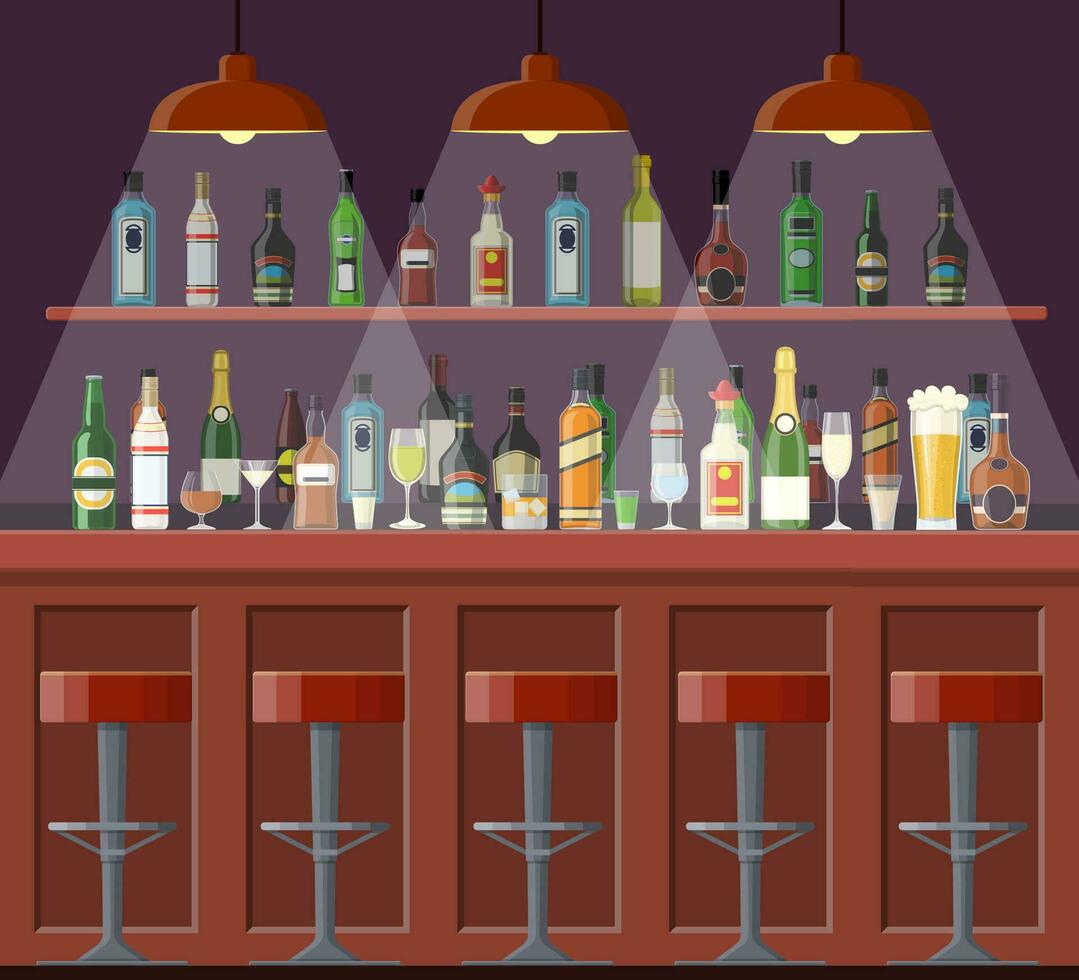 Bar, pub, night club interior. bar counter, bar chairs and shelves with alcohol. Vector illustration in flat style