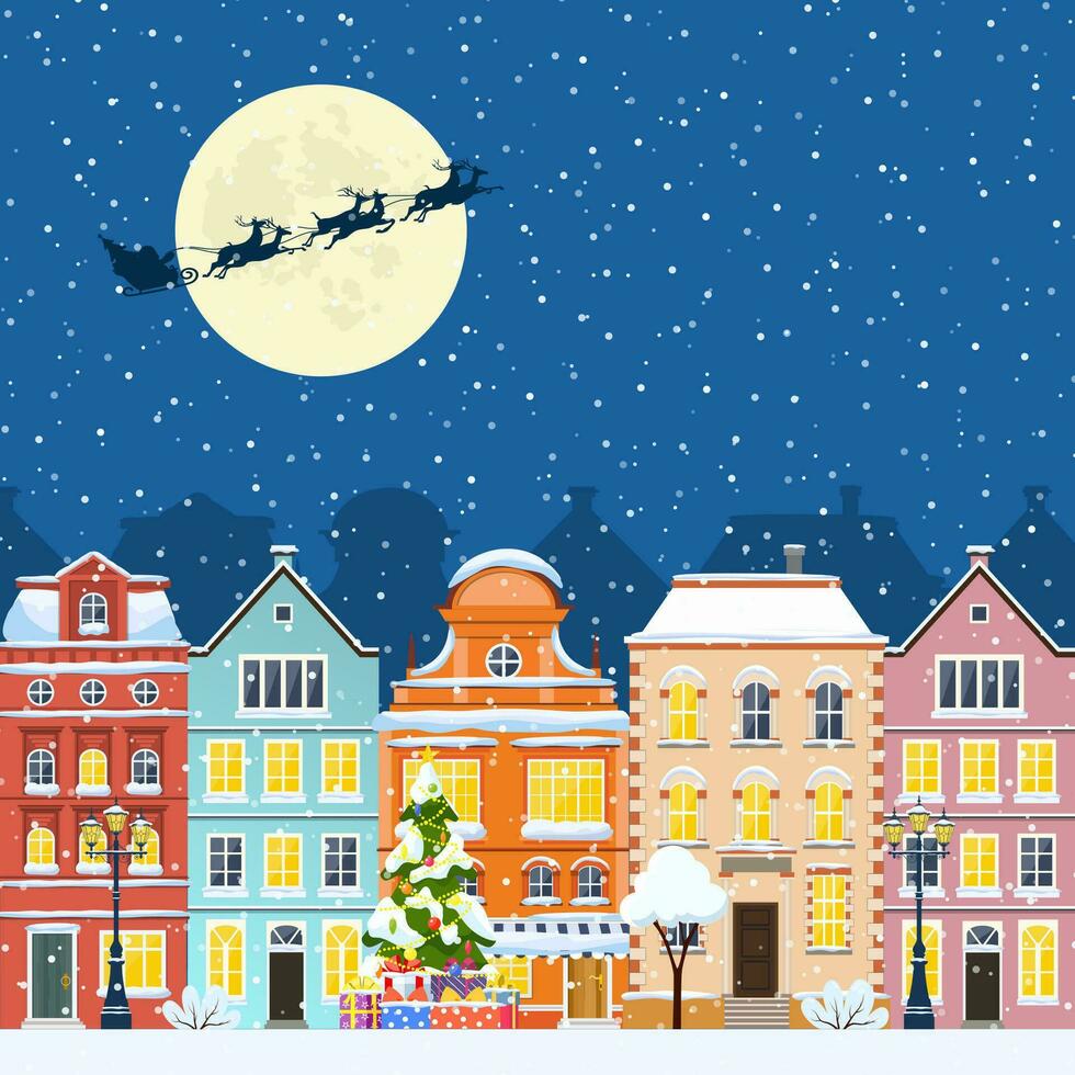 happy new year and merry Christmas winter old town street. christmas town city seamless border panorama. Santa Claus with deers in sky above the city. Vector illustration in flat style