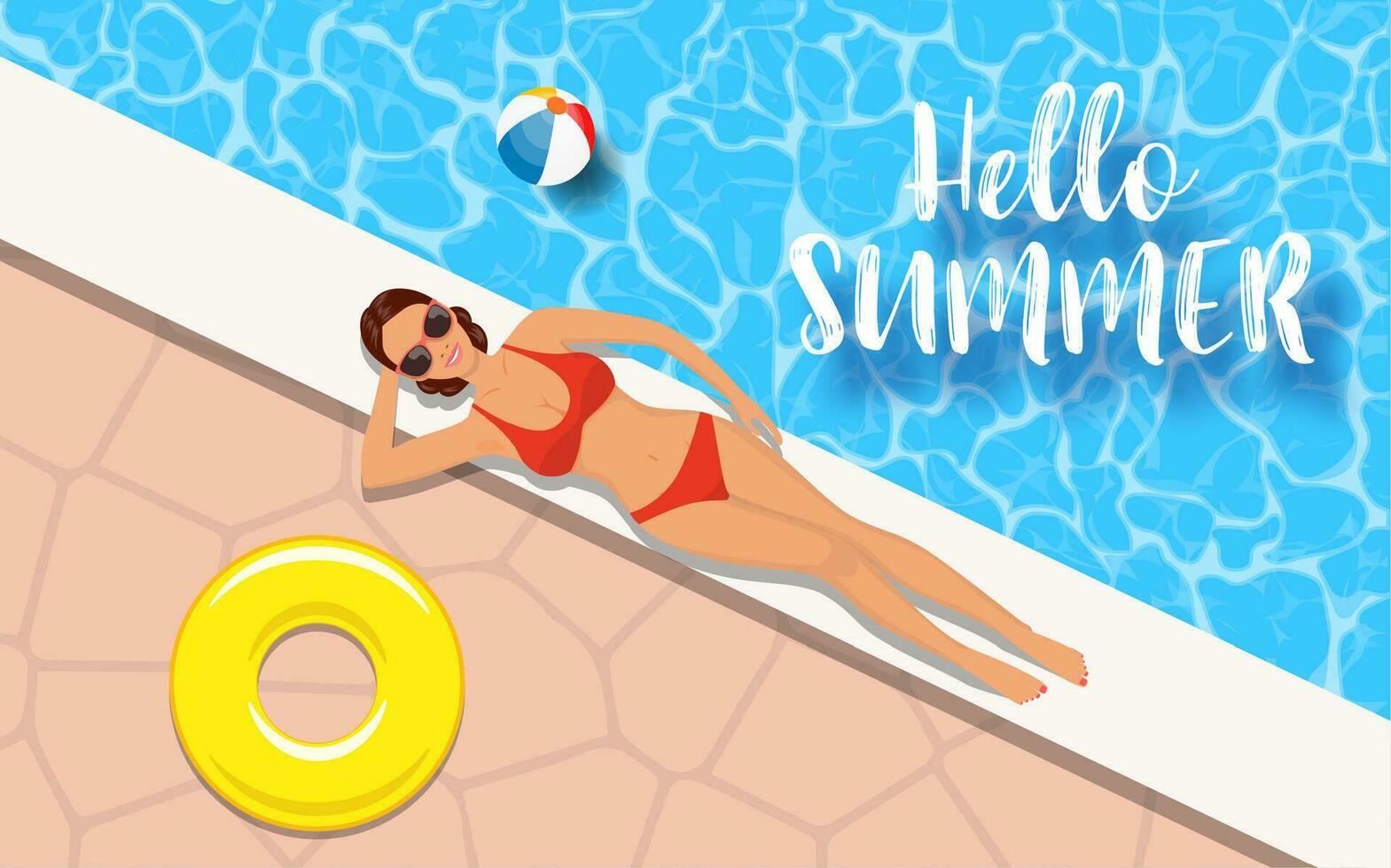 Slim woman in bikini relaxing by the swimming pool. ummer vacation, happiness, travel, smile joy, top view. Vector illustration in flat style