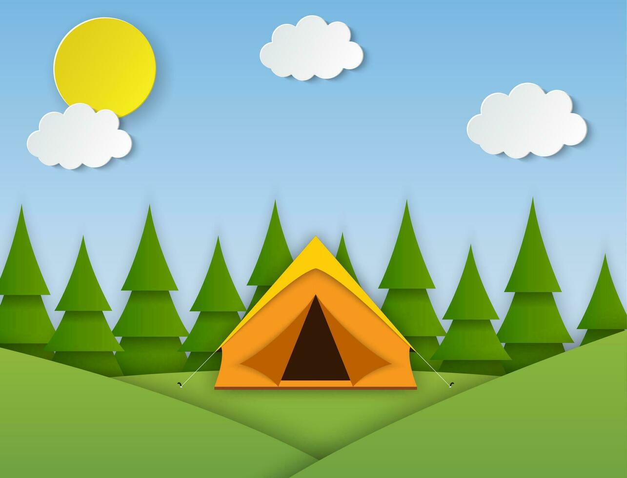 Paper cut summer landsape. Landscape with yellow tent, forest on the background. Adventures in nature, vacation, and tourism vector illustration.