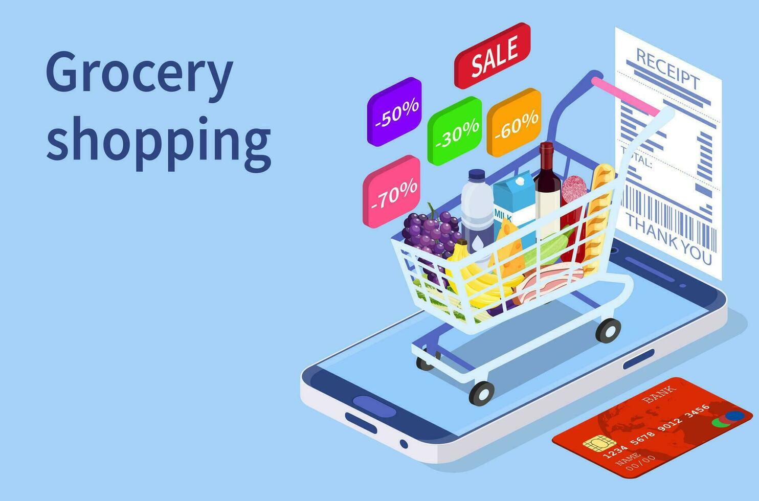 Online Grocery shopping concept. Isometric Shopping cart with fresh food and drink.Order food, grocery online from app by smart phone. Vector illustration in flat style