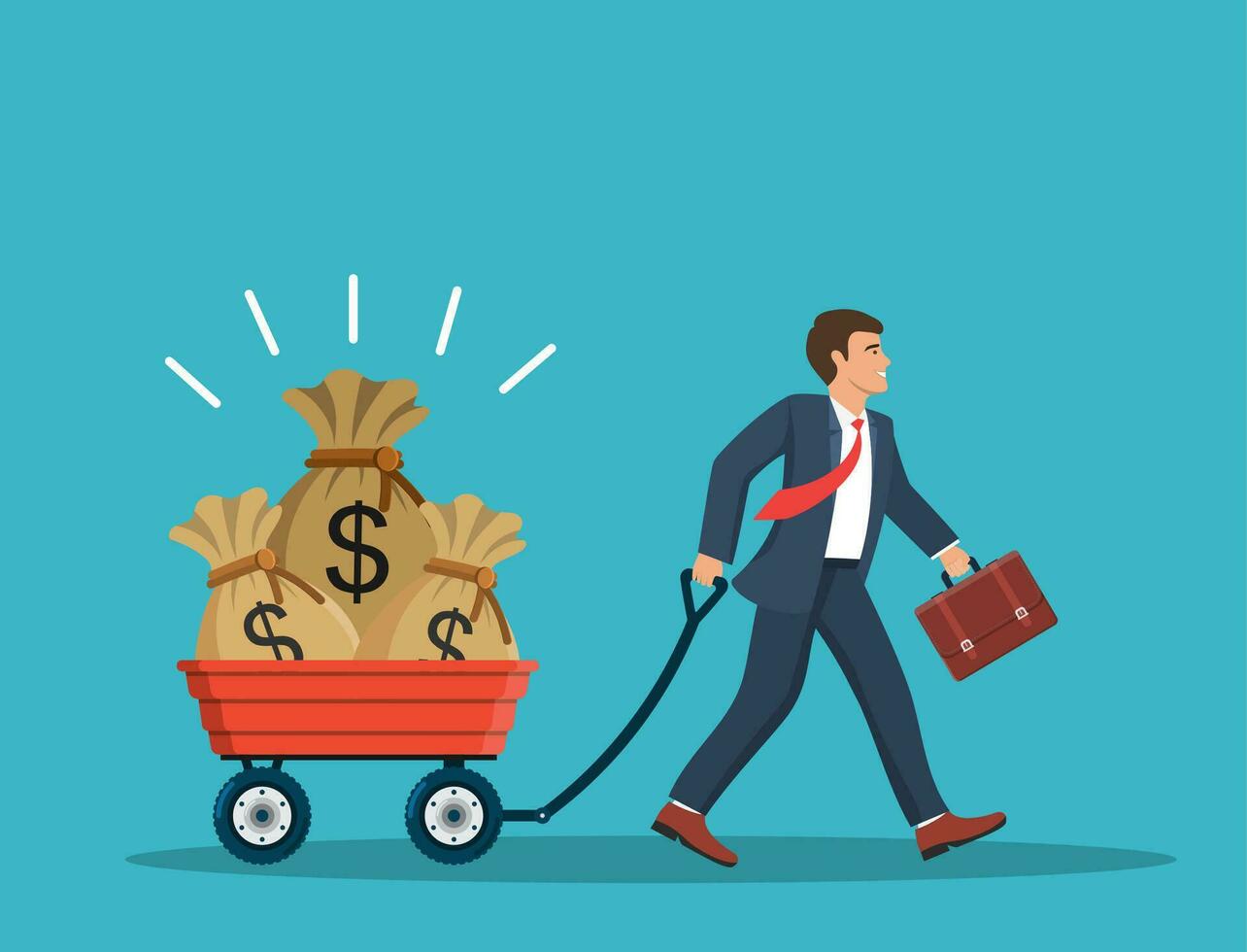 Happy businessman pulling cart full of money. Business and finance concept. Vector illustration in flat style