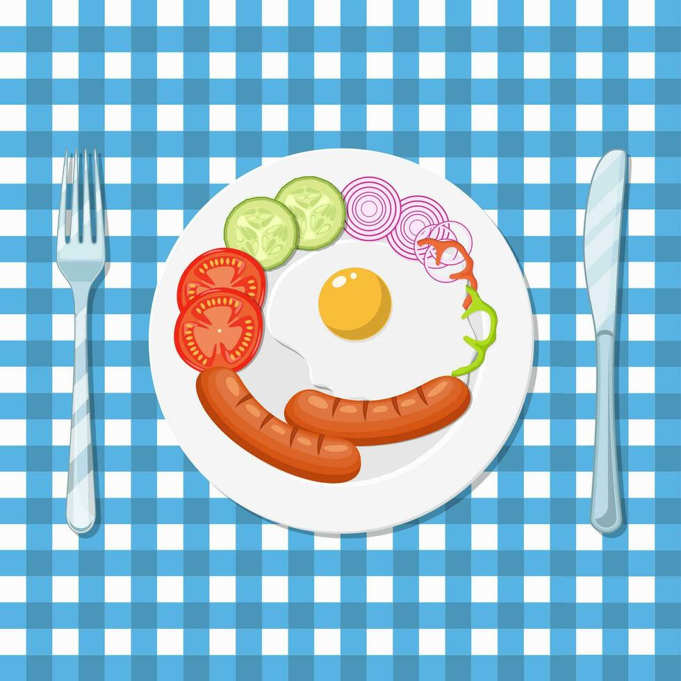 Fried eggs and sausages on a white plate. vector