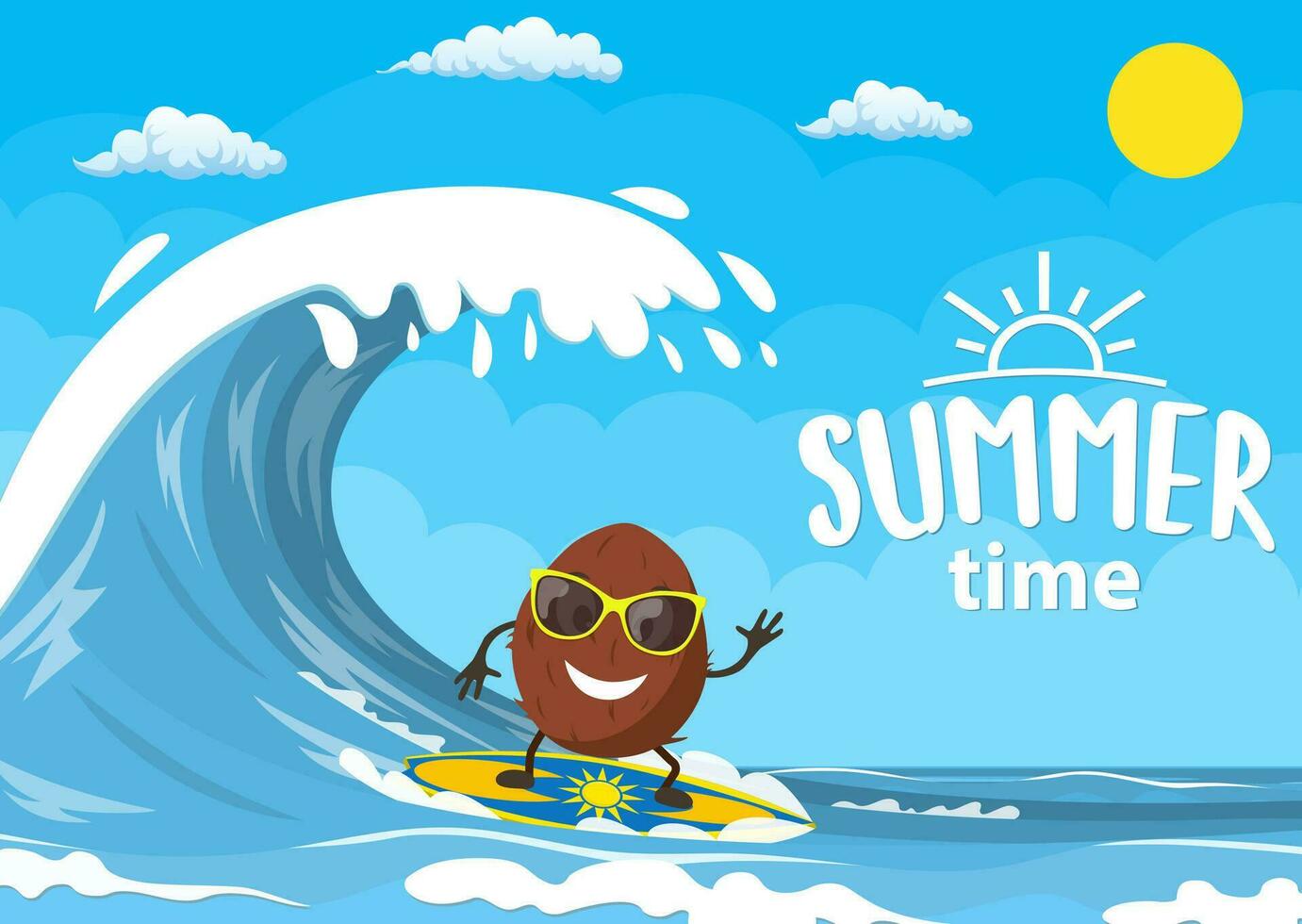 Coconut characters surfing on wave. Holidays on the sea. Beach activities. Summer time. Vector illustration in flat style