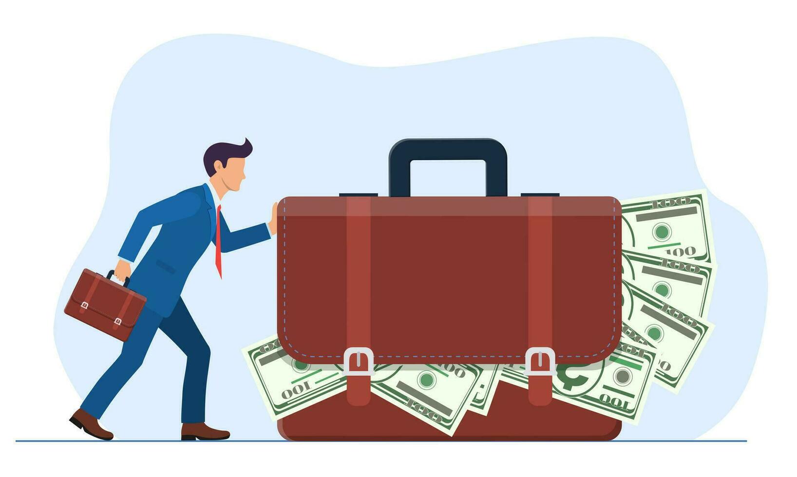 empresario o gerente empuja un enorme maleta o maletín con dinero. el concepto de robo o soborno. vector ilustración en plano estilo.