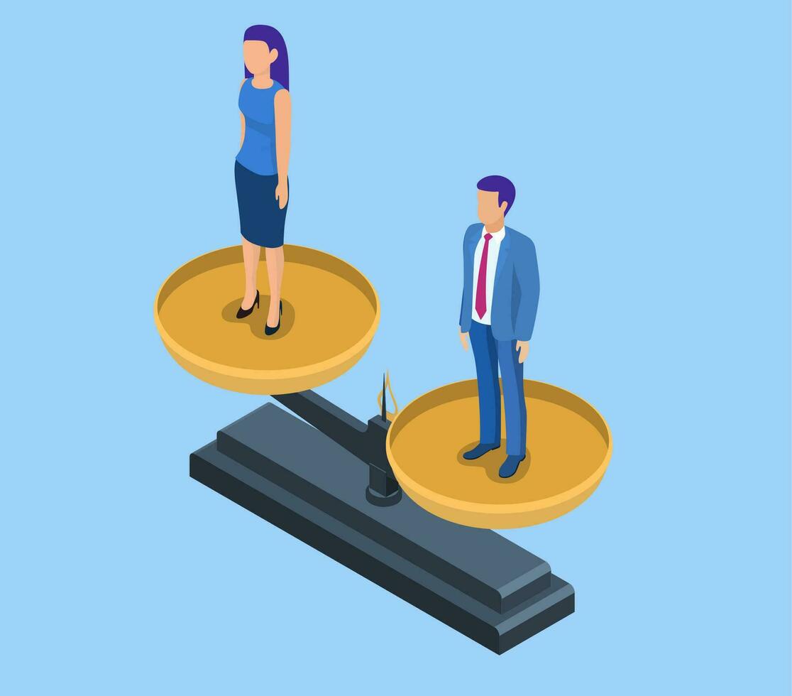 3d isométrica empresario y mujer de negocios igual en un escala. negocio y género igualdad concepto. equilibrar símbolo. vector ilustración en plano estilo