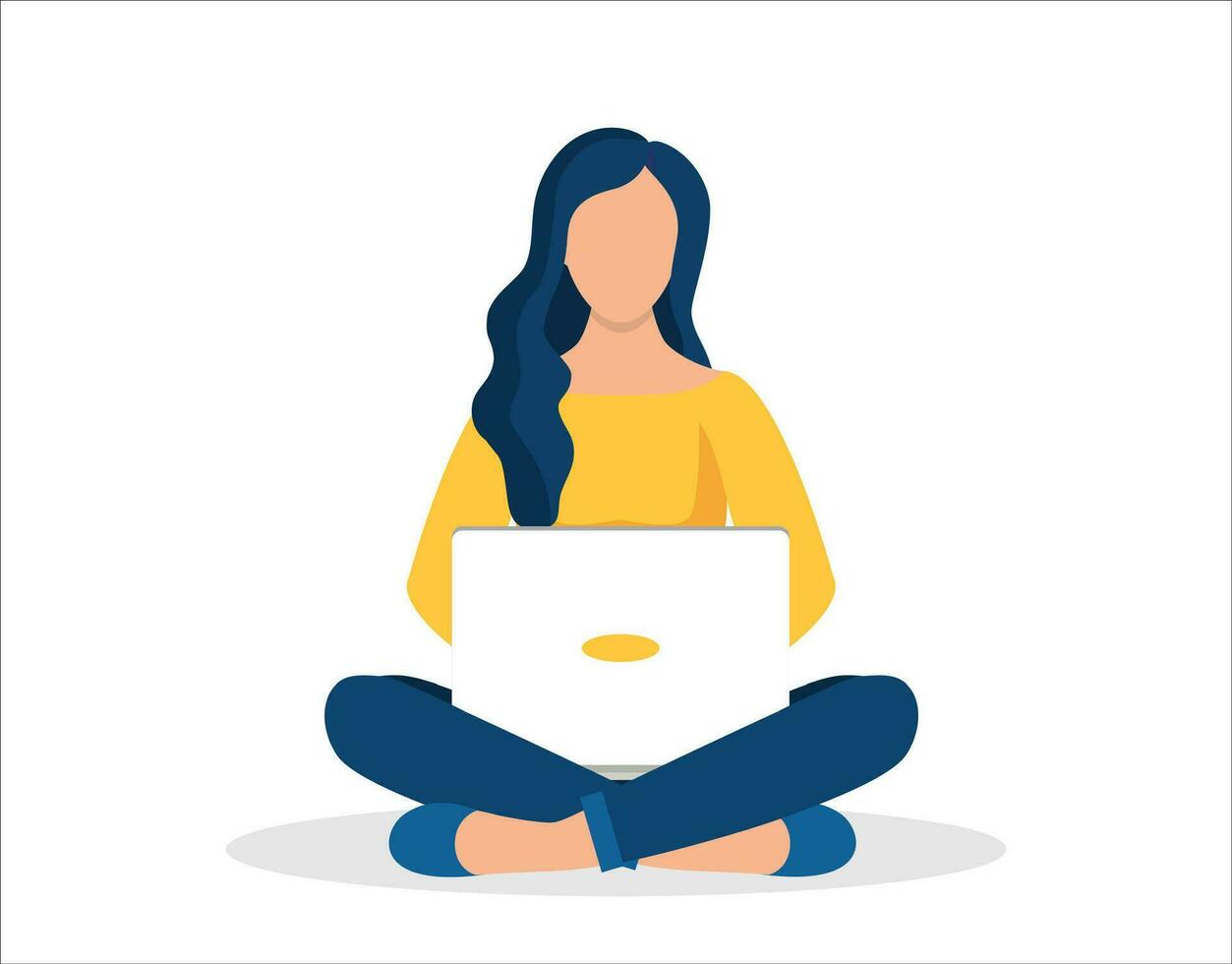 Woman with laptop sitting isolated on white background with crossed legs. Freelance or studying concept. web page design template for online education, training. Vector illustration in flat style