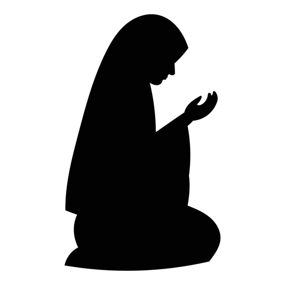 un siluetas de solemnemente musulmán mujer levantamiento su manos en oración, arrodillado y reverencia, vector ilustración