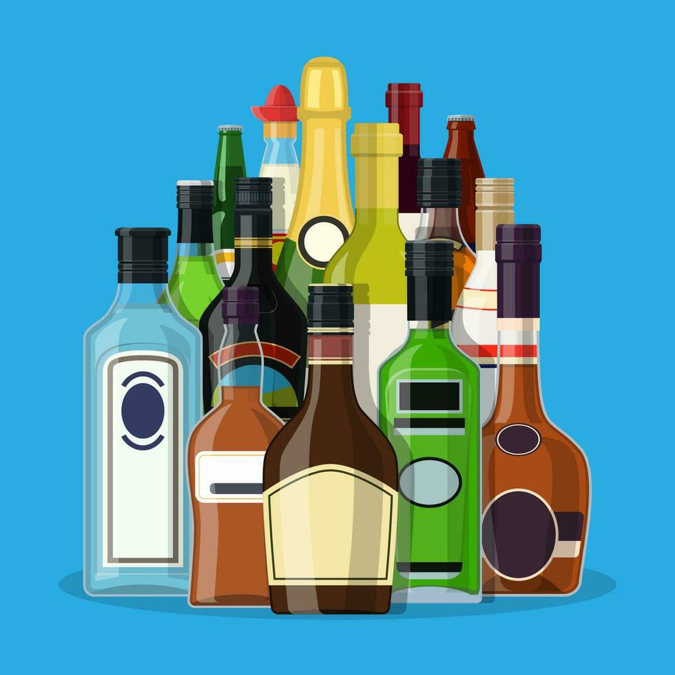 Alcohol drinks collection. Bottles with vodka champagne wine whiskey beer brandy tequila cognac liquor vermouth gin rum absinthe sambuca cider bourbon. Vector illustration in flat style