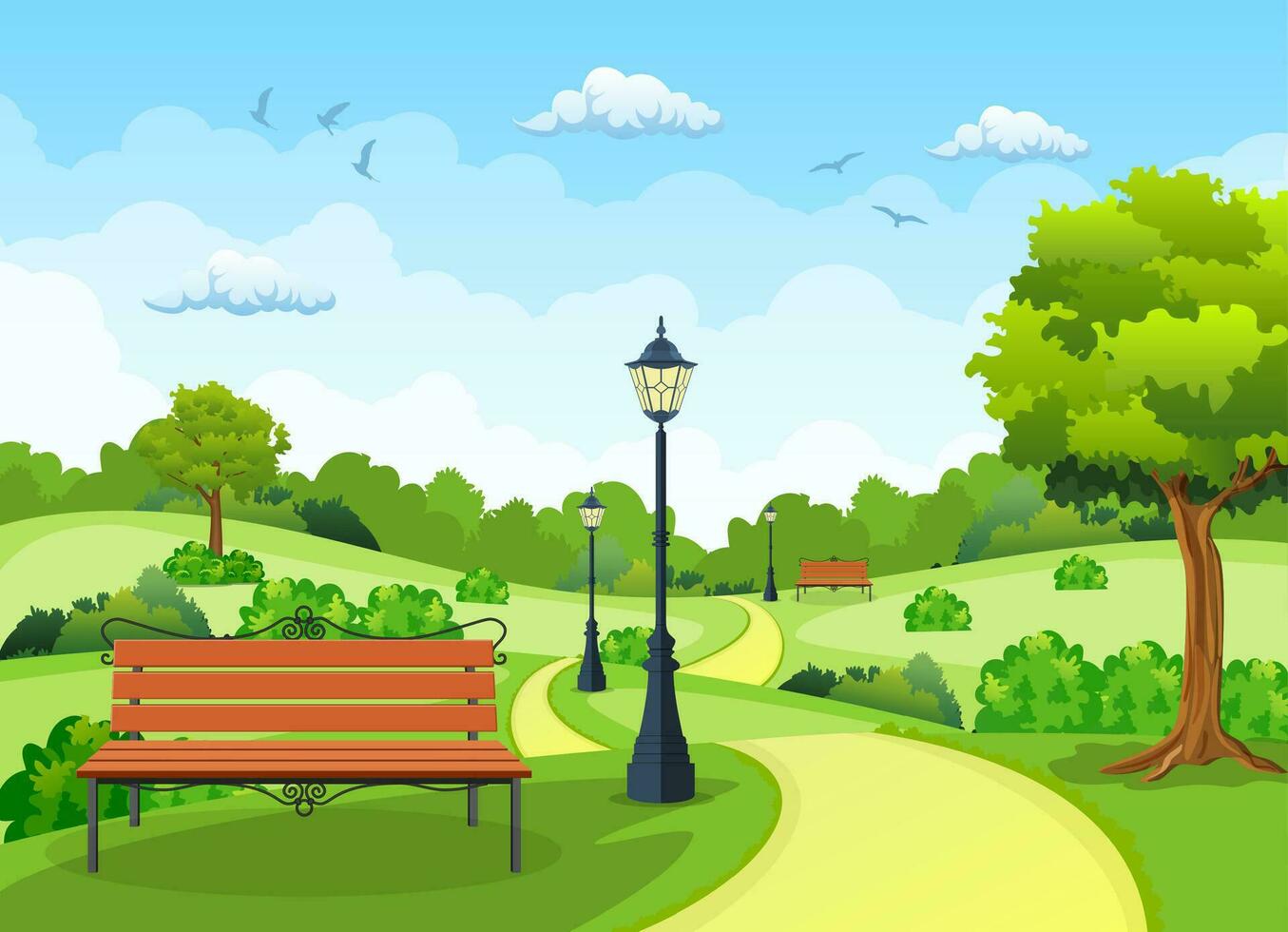 Bench with tree and lantern in the Park. Vector illustration in flat style