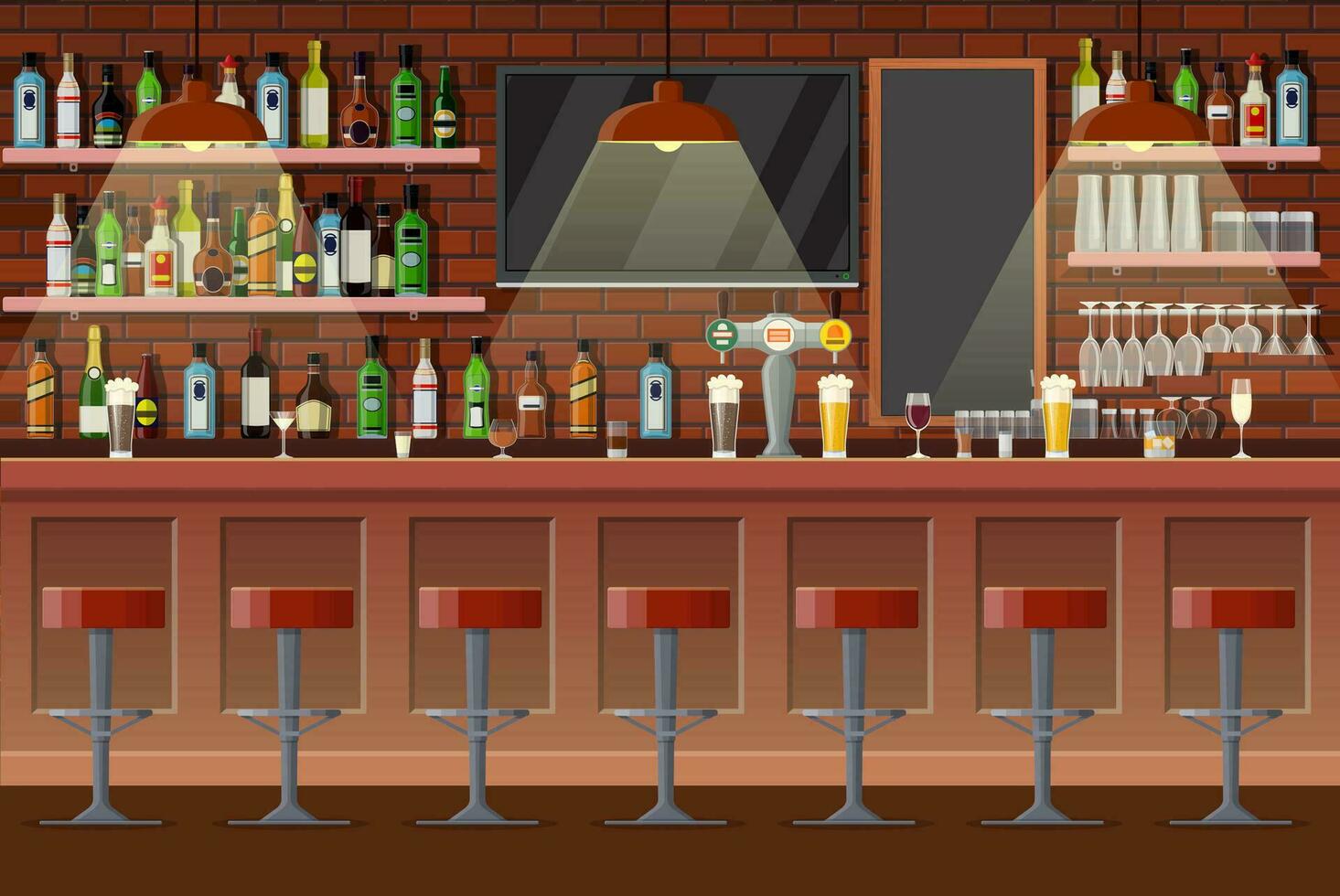 Drinking establishment. Interior of pub, cafe or bar. Bar counter, chairs and shelves with alcohol bottles. Glasses, tv, dart, fridge and lamp. Wooden decor. Vector illustration in flat style