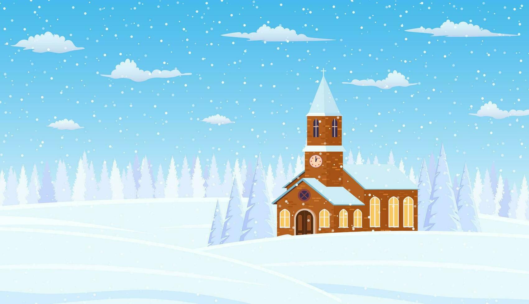 Christmas landscape background with snow and tree. Merry christmas holiday. New year and xmas celebration. Vector illustration in flat style