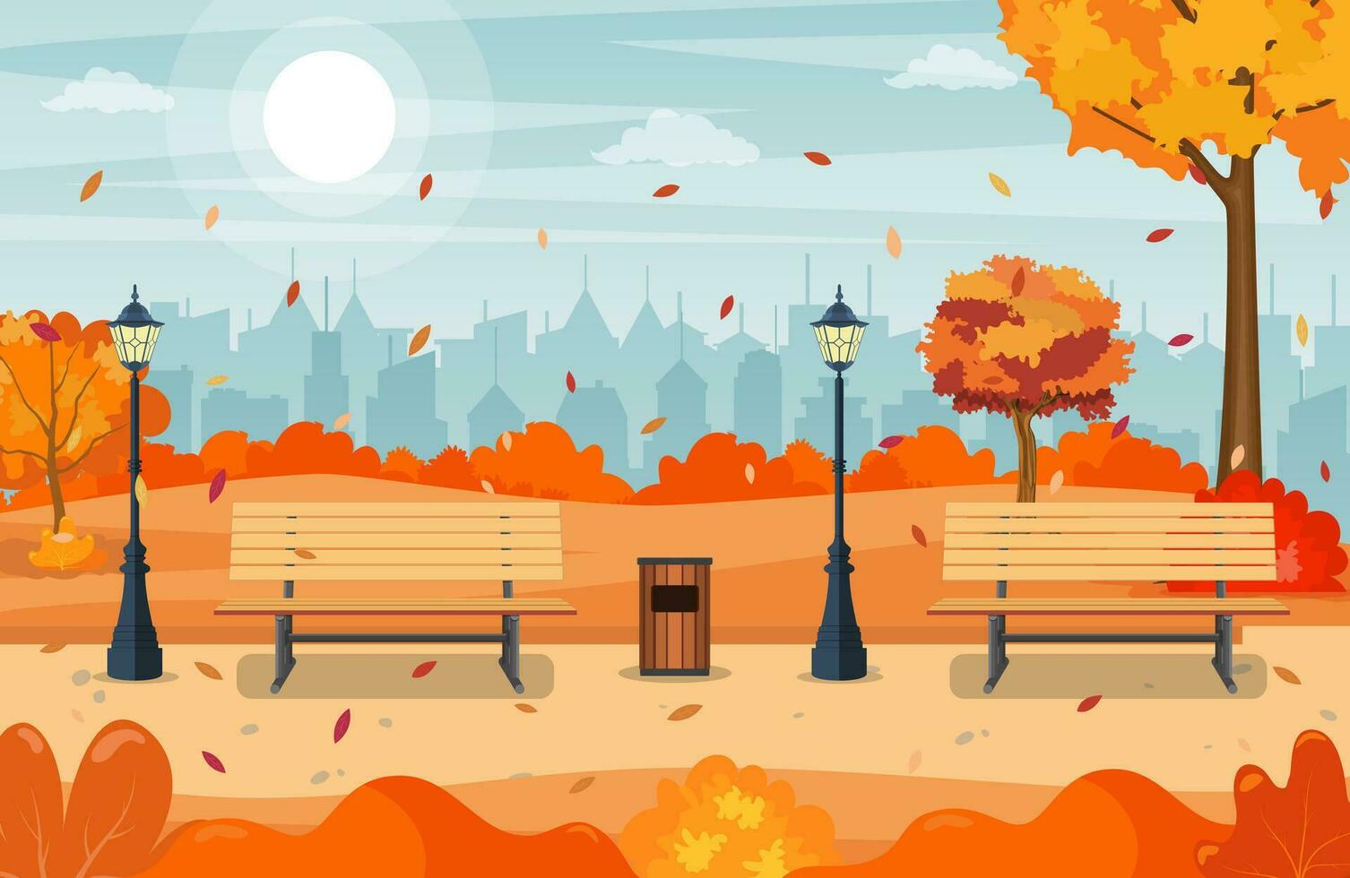 beautiful autumn city park with bench and town building background. Beautiful urban fall park for banner, poster, web. Vector illustration in flat style.