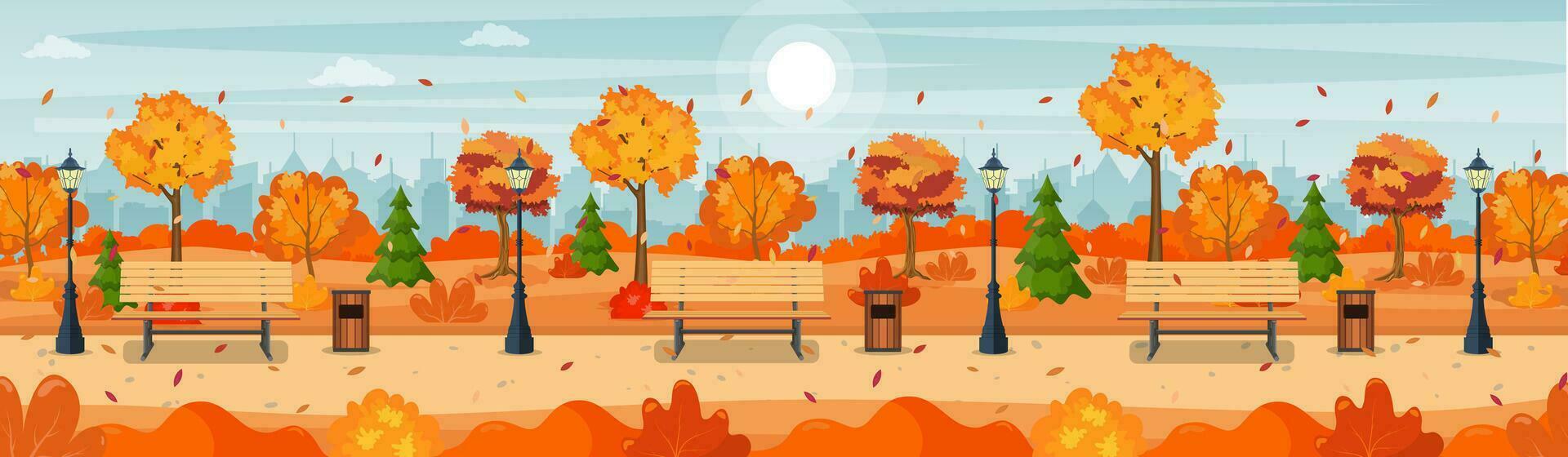 beautiful autumn city park panorama with bench and town building background. Beautiful urban fall park for banner, poster, web. Vector illustration in flat style.
