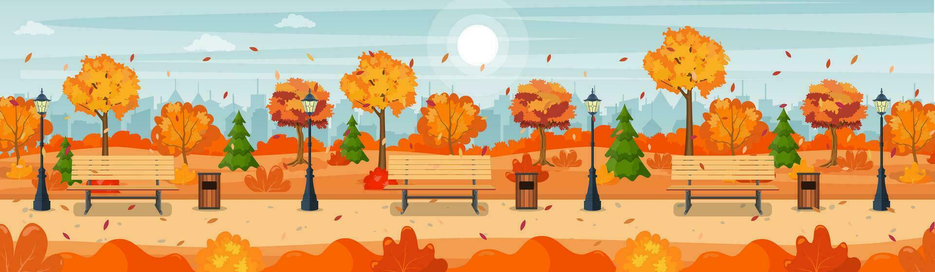 hermosa otoño ciudad parque panorama con banco y pueblo edificio antecedentes. hermosa urbano otoño parque para bandera, póster, web. vector ilustración en plano estilo.