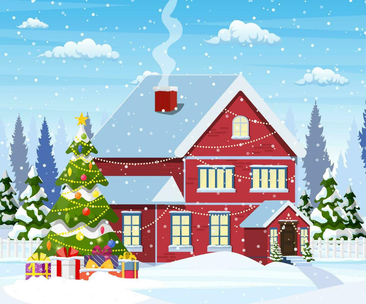 Suburban house covered snow. vector