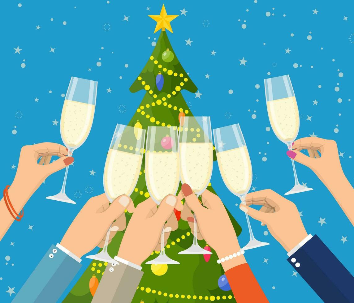 People holding champagne glasses celebrating and having fun. Merry christmas holiday. New year and xmas celebration Vector illustration in a flat style .