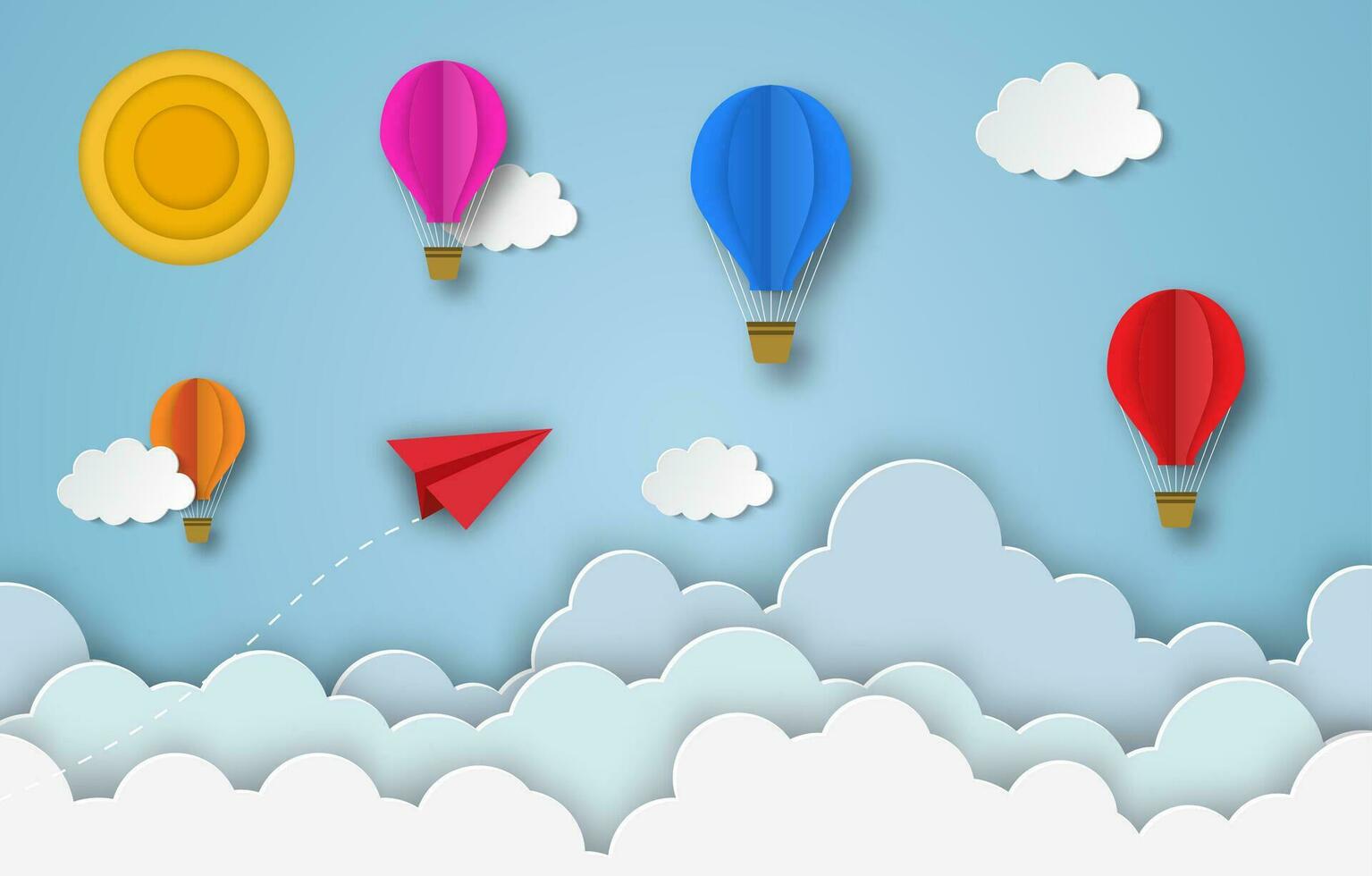 colorful hot air balloons and red paper airplane flying in the air with blue cloudy sky background. Paper cut poster template with air balloons. flyers, banners, posters and templates design. vector