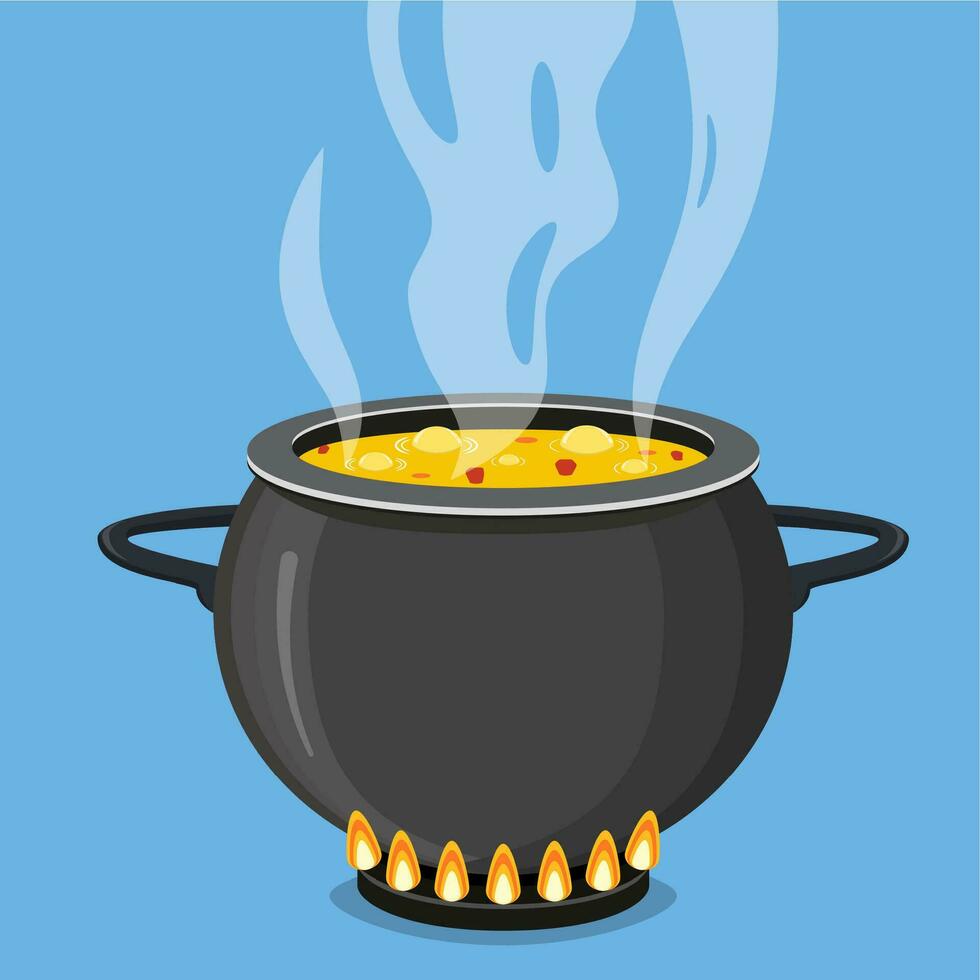 Cooking soup in pan. Pot on stove with steam vector