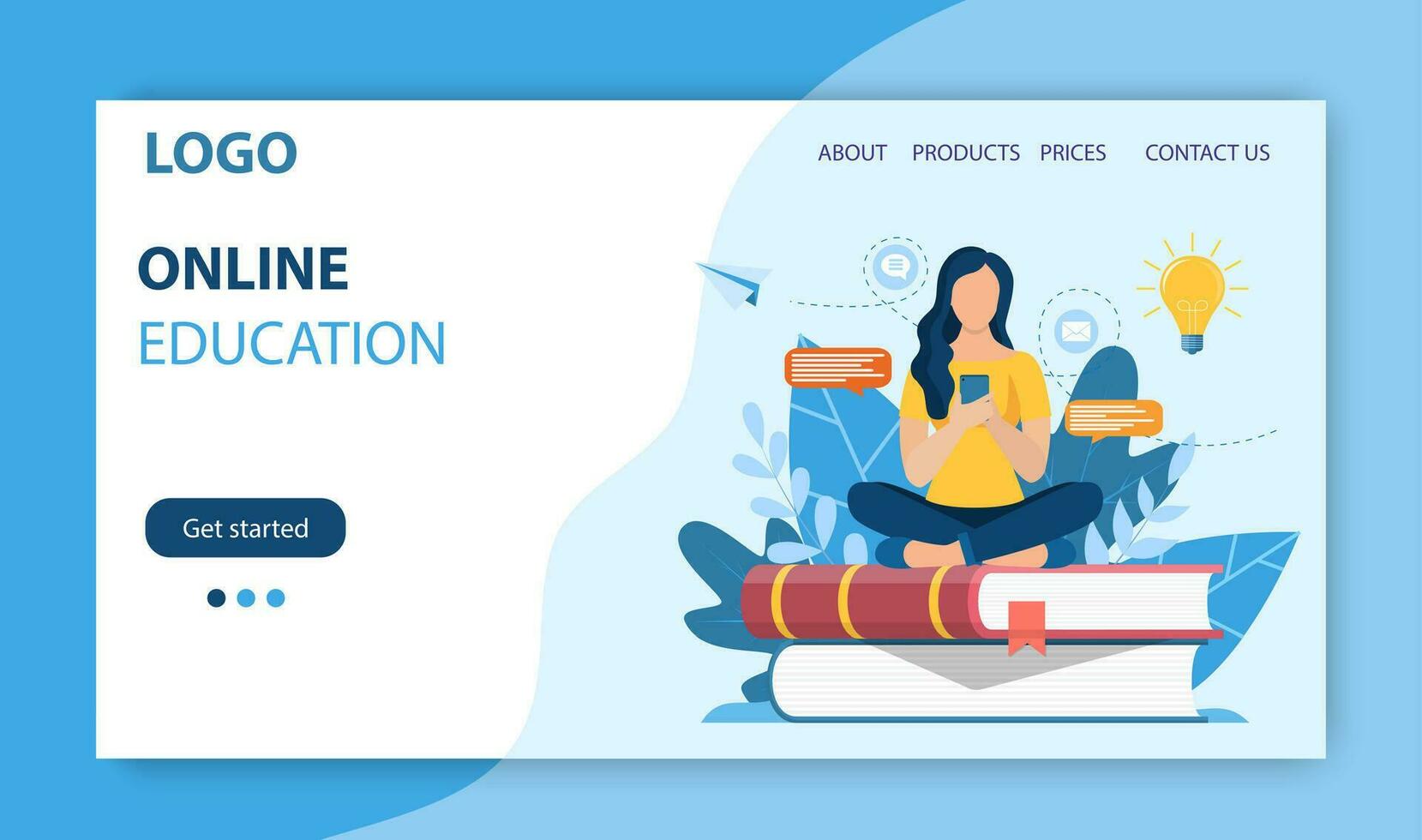 Online education landing page. woman sitting on pile of books. Concept illustration for school, education, university. Vector illustration in flat style.