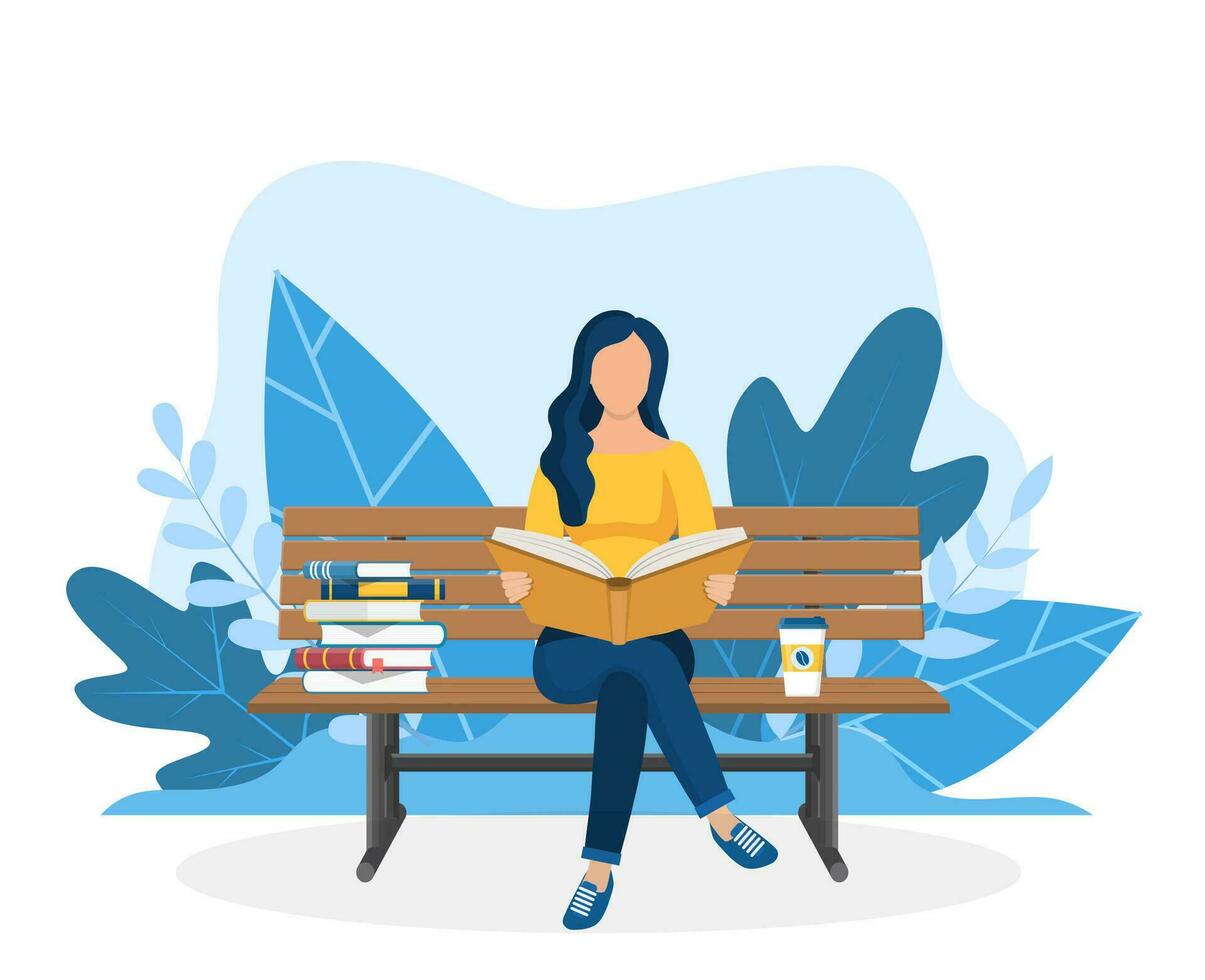 Young woman reading book sitting on the bench. Education, reading, studying. Vector illustration in flat style. Vector illustration in flat style