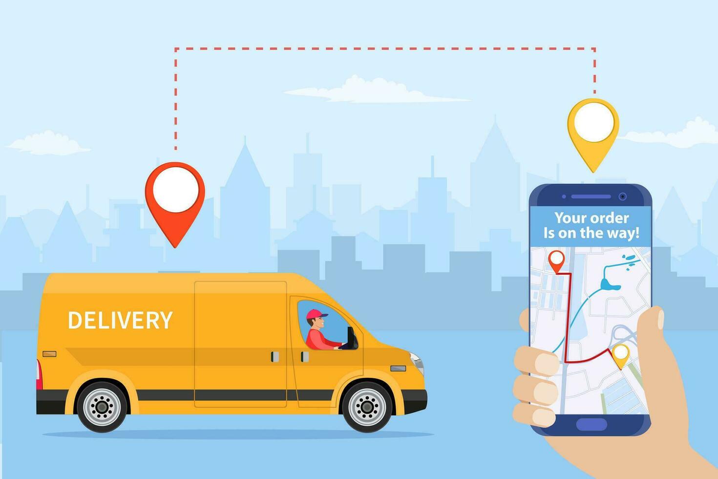 Online delivery service concept, online order tracking, delivery home and office. truck van courier. Online pizza order. goods shipping, food online ordering. Vector illustration in flat style