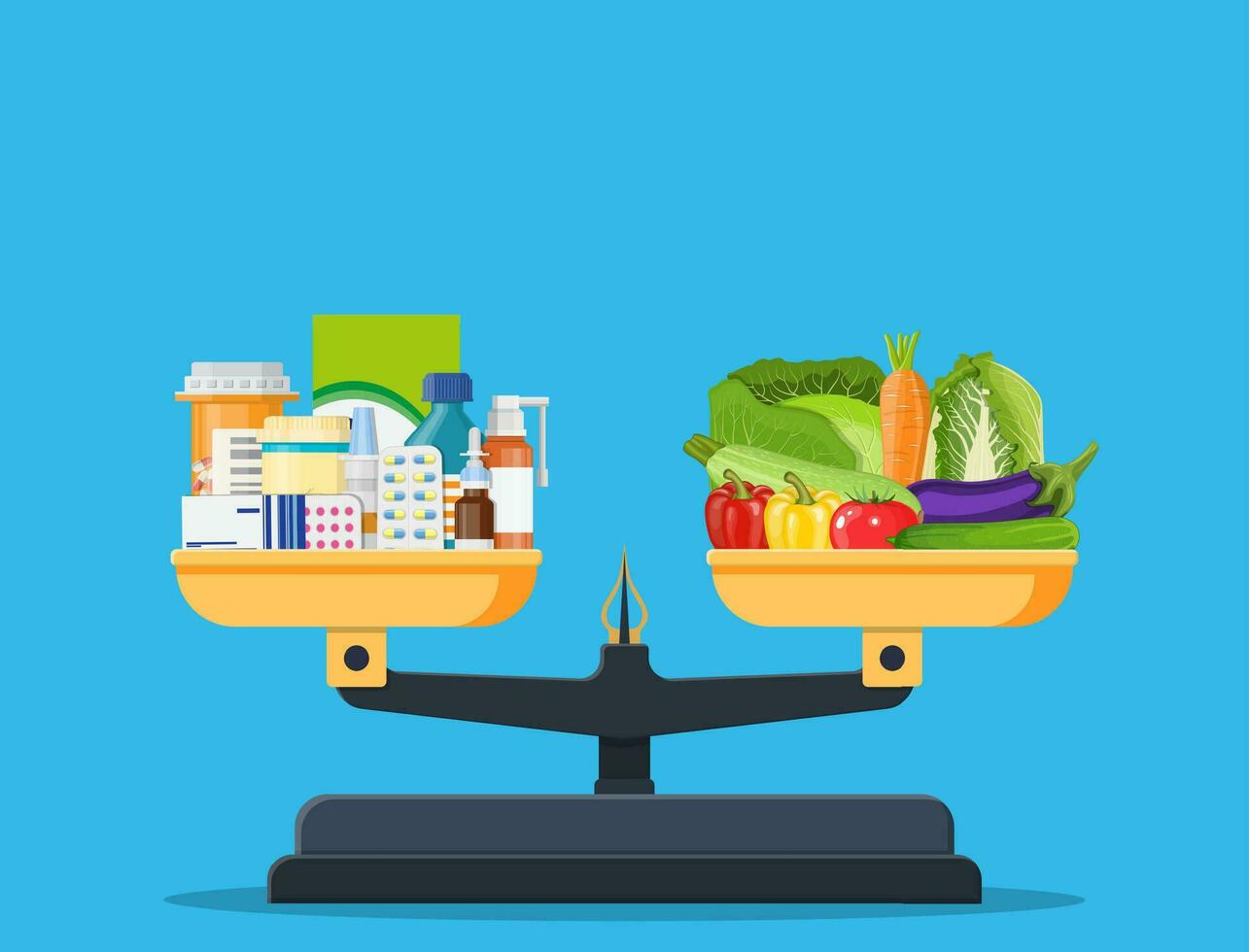 Medicine bottle, pills and fresh vegetables on the scale. Healthy concept vector