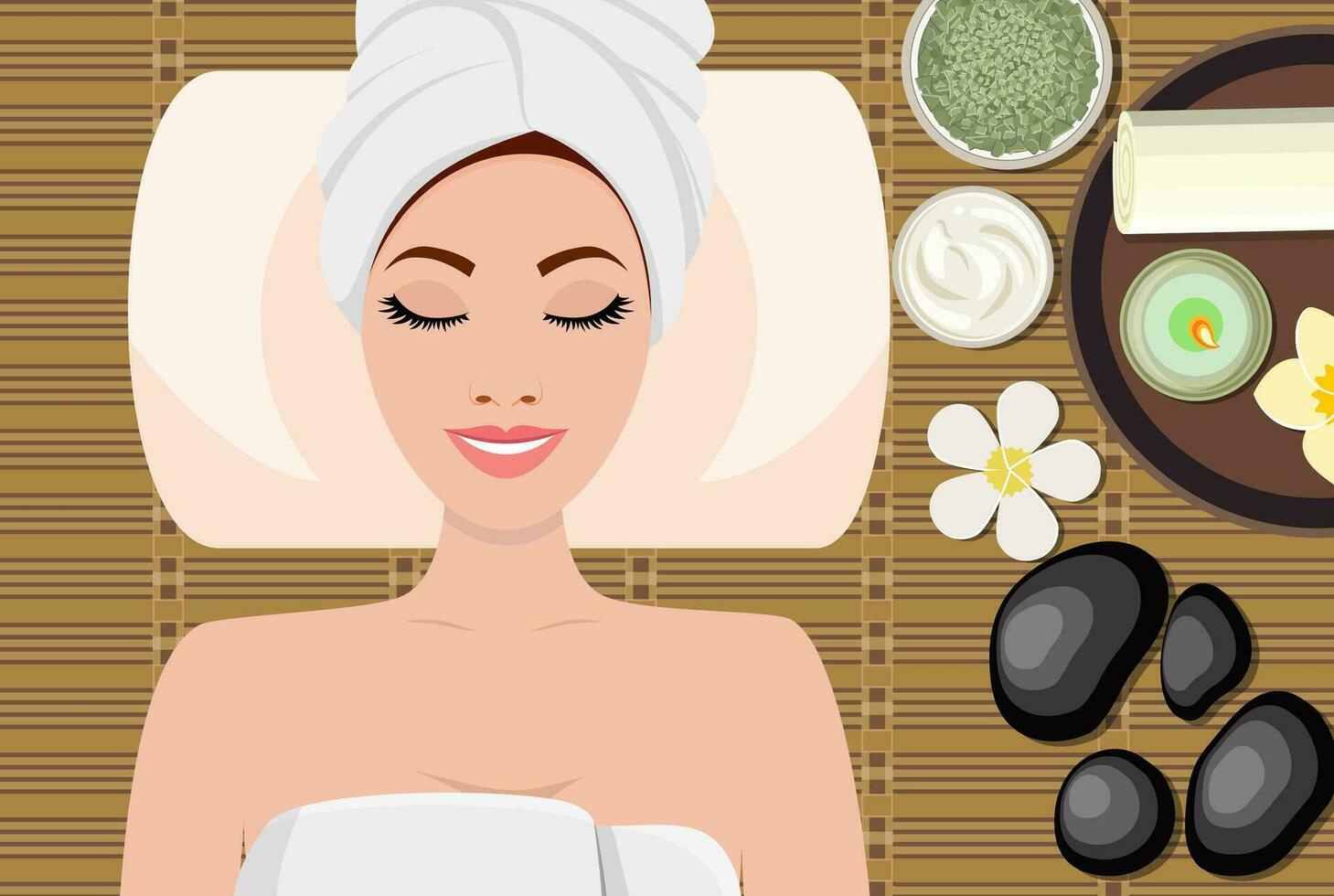 young beautiful woman in spa. Woman getting spa treatment. Girl resting, relaxing. Clean skin, healthy fresh face massage. SPA beauty and health concept. Vector illustration in flat style