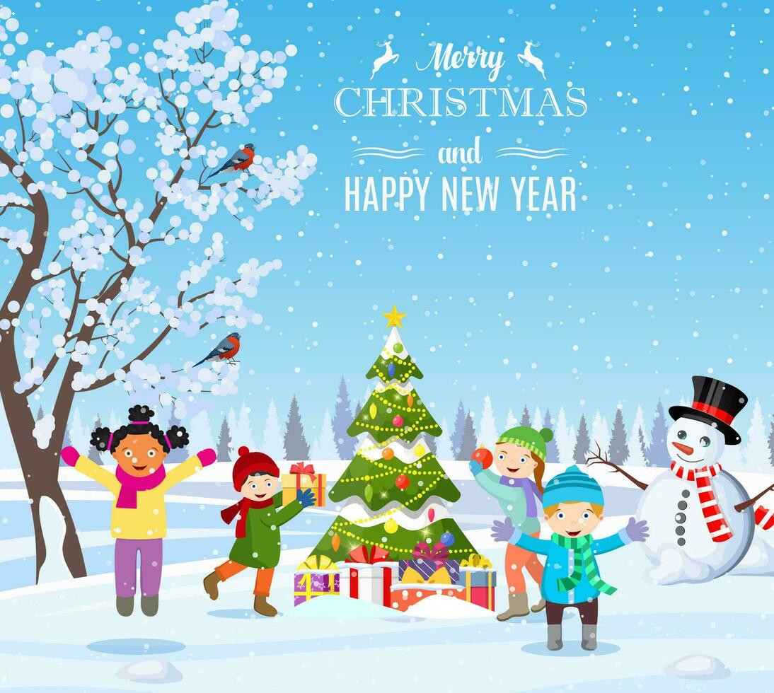 happy new year and merry Christmas greeting card. Christmas landscape. kids decorating a Christmas tree. Winter holidays. Vector illustration in flat style