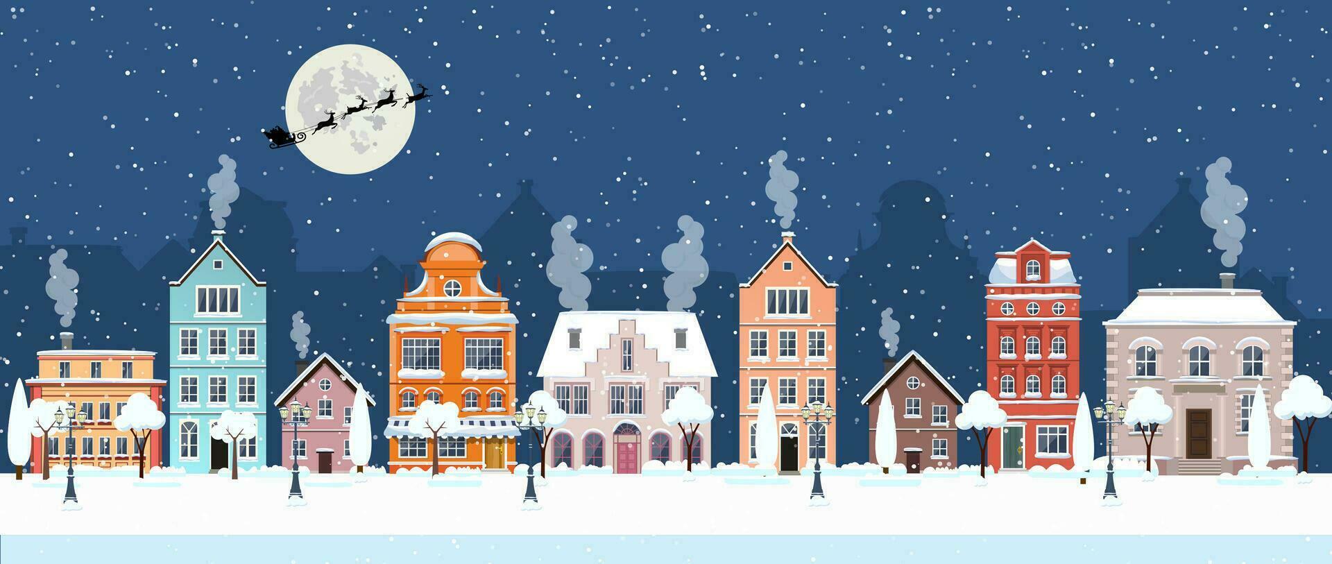 contento nuevo año y alegre Navidad invierno antiguo pueblo calle. Navidad pueblo ciudad panorama. Papa Noel claus con ciervos en cielo encima el ciudad. vector ilustración en plano estilo