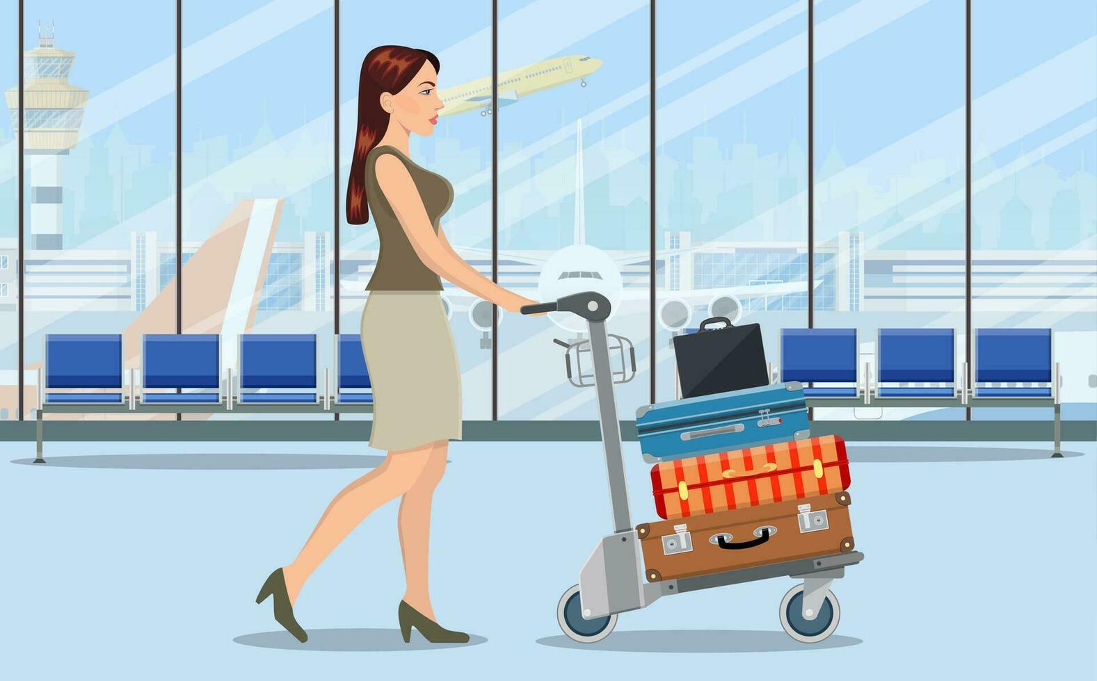 mujer con equipaje carretilla en aeropuerto. viaje concepto. vector ilustración en plano estilo